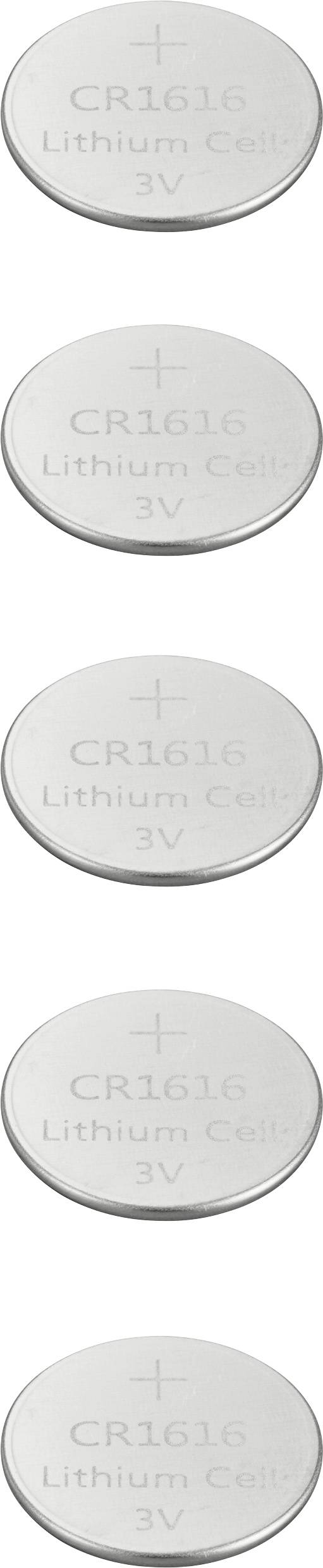 Fünf Knopfzellen-Batterien des Typs CR1616, angeordnet in einer vertikalen Linie. Jede Batterie ist mit 'Lithium Cell 3V' beschriftet.