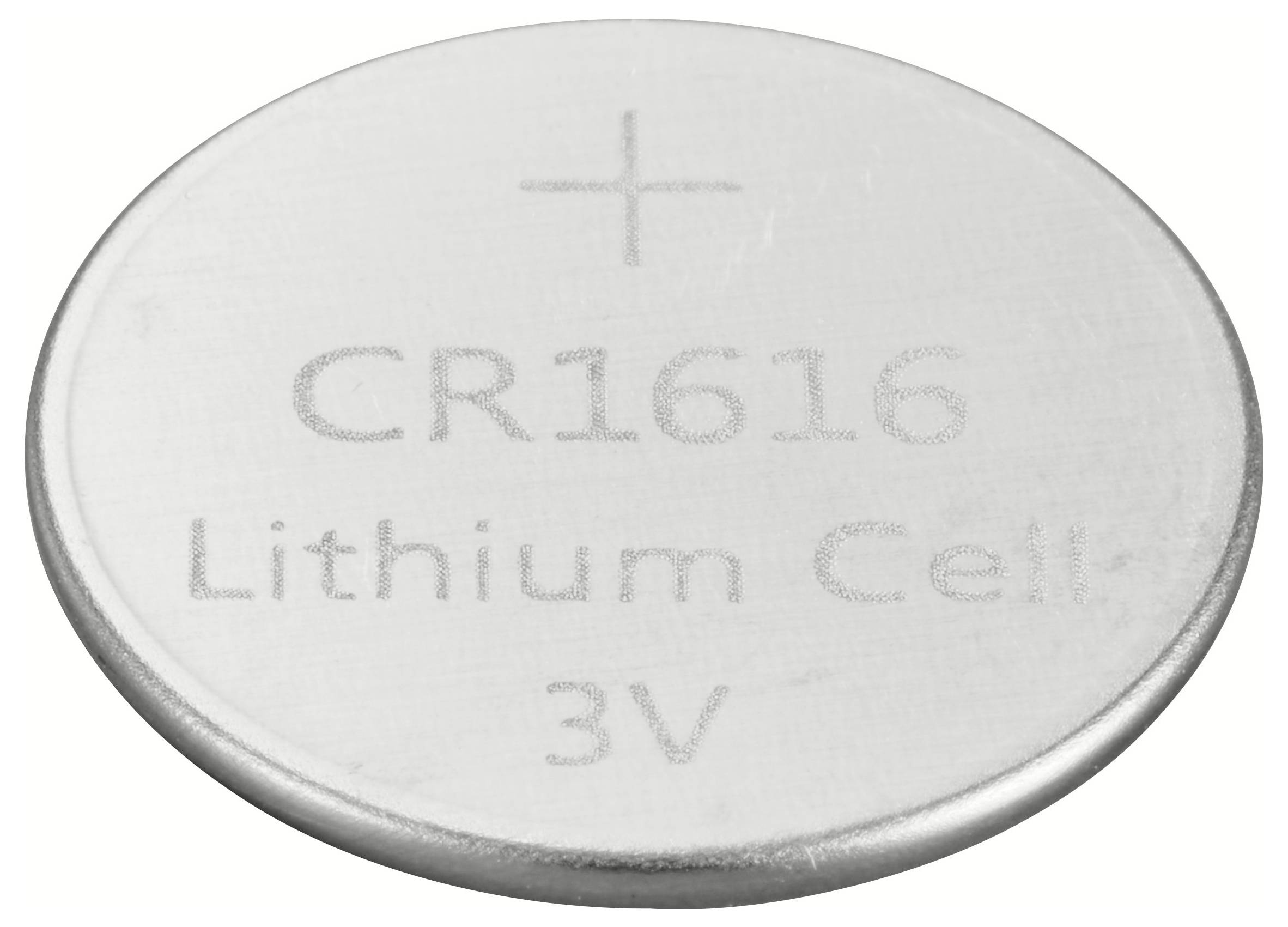 Silberne Knopfzelle mit Gravur 'CR1616 Lithium Cell 3V', zeigt die positive Seite.
