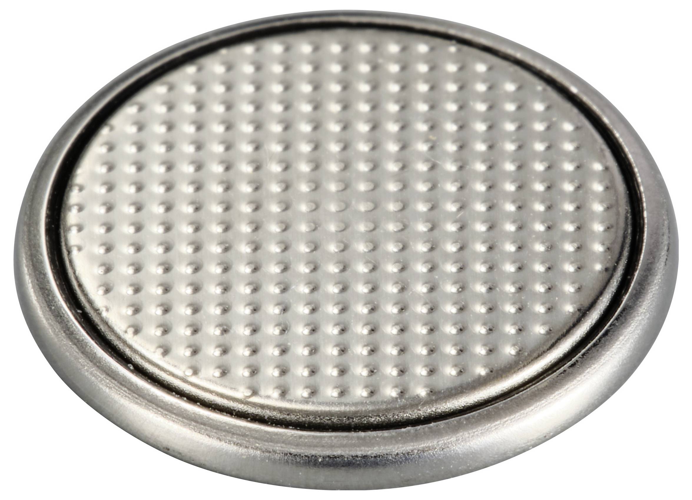 Runde silberne Knopfzelle mit genoppter Oberfläche, oft in elektronischen Geräten wie Uhren und Taschenrechnern verwendet.