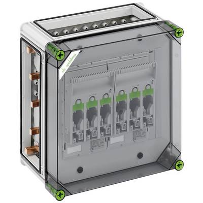 Transparenter elektrischer Sicherungskasten mit vier Sicherungen und grün markierten Schrauben an den Ecken.