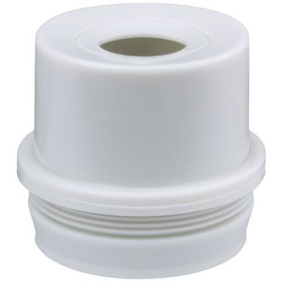 Ein weißer, zylindrischer Kunststoffadapter mit Schraubgewinde und einer zentralen Öffnung. Er scheint für Verbindungszwecke geeignet.