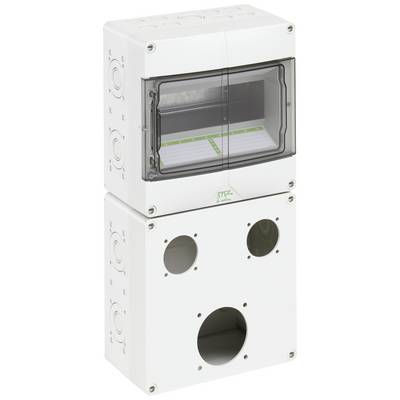 Ein weißes, rechteckiges Gehäuse mit transparentem Deckel, geeignet für die Aufnahme elektrischer Komponenten, mehrere Kabeleingänge sichtbar.