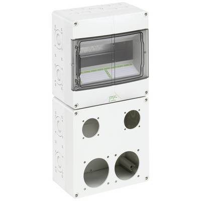'Zweistöckiges Kunststoffgehäuse mit transparentem Fenster oben, runde Öffnungen unten, geeignet für elektrische Installationen.'