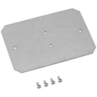 Metallplatte mit fünf Löchern und abgeschrägten Ecken, daneben vier Schrauben.
