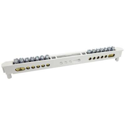 Ein weißer elektrischer Anschlussblock mit mehreren Schraubanschlüssen und Steckverbindungen.