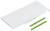 Bild eines weißen Rechtecks mit sechs runden Aussparungen und zwei grünen Streifen daneben. Möglicher Teil eines modularen Systems.