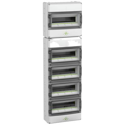Ein weißer, mehrteiliger Schaltkasten mit transparenten Abdeckungen und grünen Akzenten, zum Schutz und zur Organisation elektrischer Installationen.