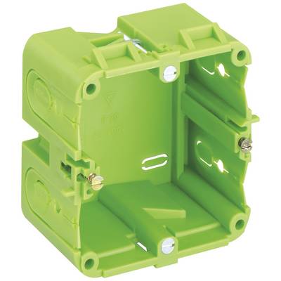 Grüne Hohlwanddose aus Kunststoff mit zwei Schrauben, geeignet für Elektroinstallationen in Leichtbauwänden.