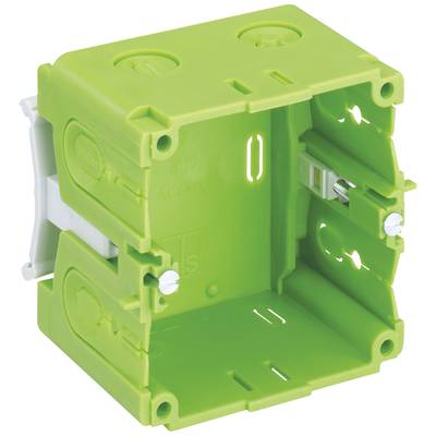 Grüne UP-Gerätedose mit zwei Öffnungen zur Kabeldurchführung, geeignet für Schalter- und Steckdosenmontage in der Wand.
