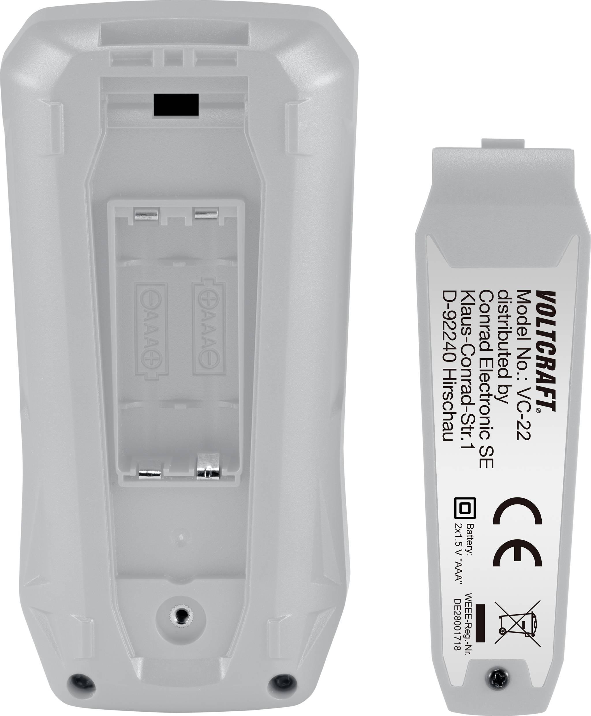 'Weißes, batterieloses Endoskopgerät von Voltcraft, Modell VC-22, mit CE-Zeichen. Rückseite zeigt Batteriefach und Produktinformationen.'