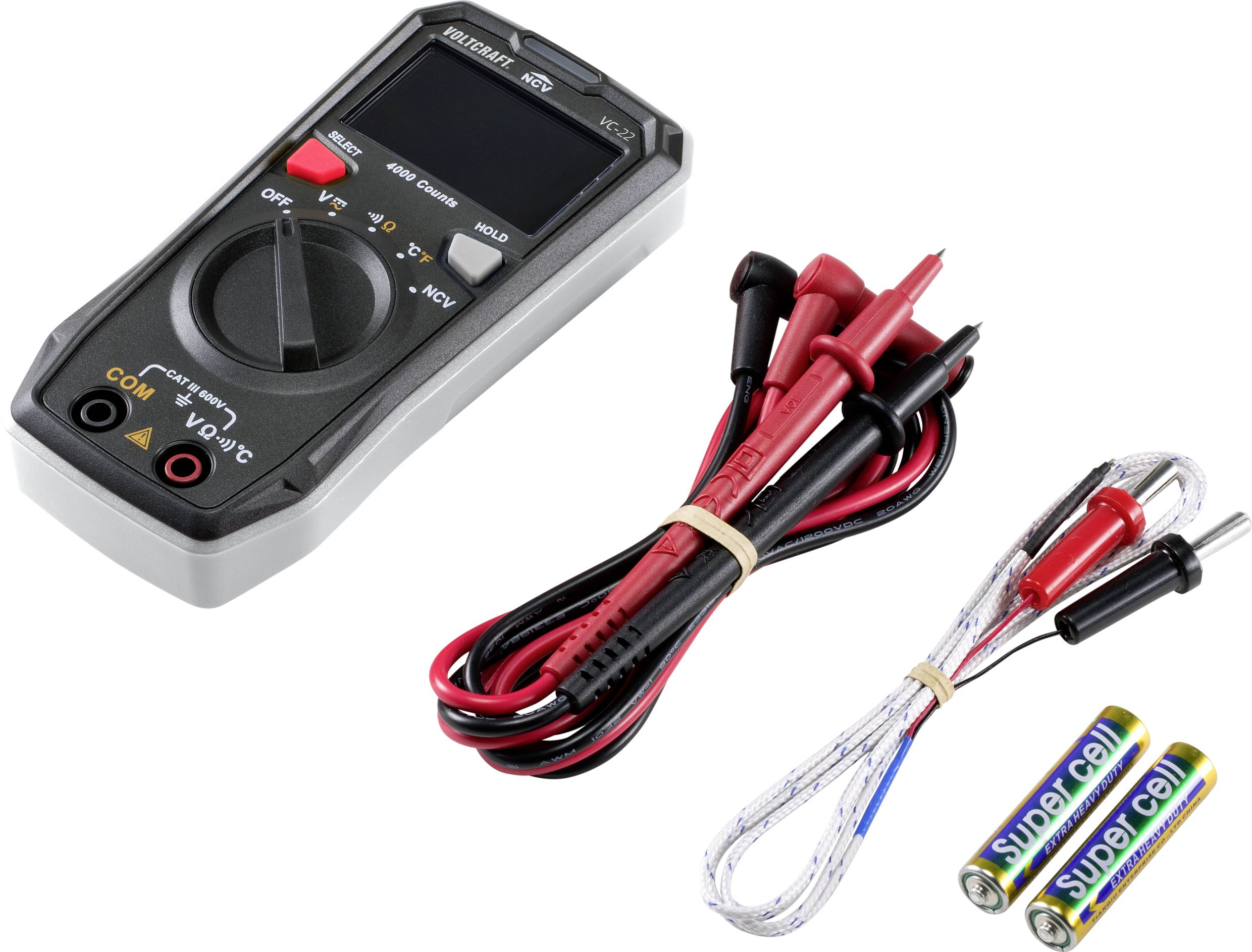 Ein digitales Multimeter mit zwei Messkabeln und zwei AA-Batterien. Das Multimeter misst Spannung, Stromstärke und Widerstand.