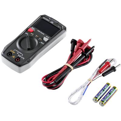 Ein digitales Multimeter mit zwei Messkabeln und zwei AA-Batterien. Das Multimeter misst Spannung, Stromstärke und Widerstand.
