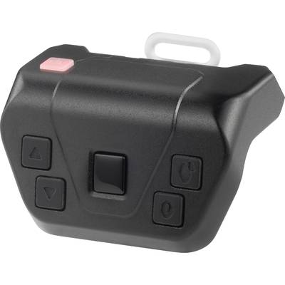 Ein schwarzer, rechteckiger Controller mit mehreren Tasten, darunter eine rote Taste oben links, umgeben von geformtem Kunststoff.