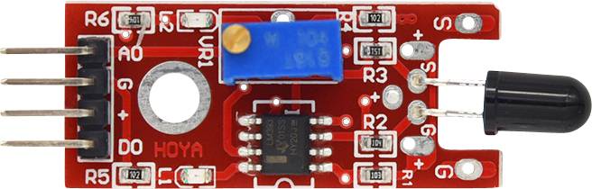 Ein rotes Infrarot-Emittor-Modul mit mehreren Komponenten, darunter Widerstände und ein Potentiometer. Verwendung für elektronische Projekte.