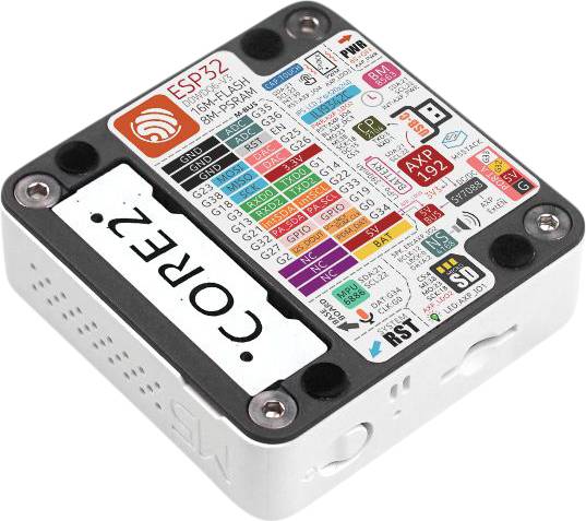 ESP32-Mikrocontroller mit Farbkodierung der Pinbelegung, symbolischen Beschreibungen für Stromversorgung und Konnektivitätselemente.