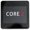 Ein quadratisches Display mit schwarzem Hintergrund zeigt den Text 'CORE 2' in Weiß und Rot. Drei rote Schaltflächen unten.
