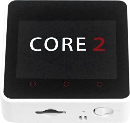 Ein rechteckiges, digitales Gerät mit der Aufschrift 'CORE 2' auf dem Bildschirm. Es hat drei runde, beleuchtete Sensoren darunter.
