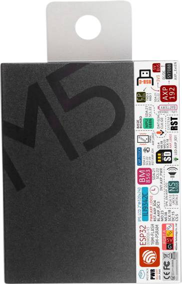 'ESP32-Entwicklungsboard, Modell M5Stack, mit Bedienelementen und Anschlüssen markiert. Geeignet für IoT-Projekte und Programmierung.'