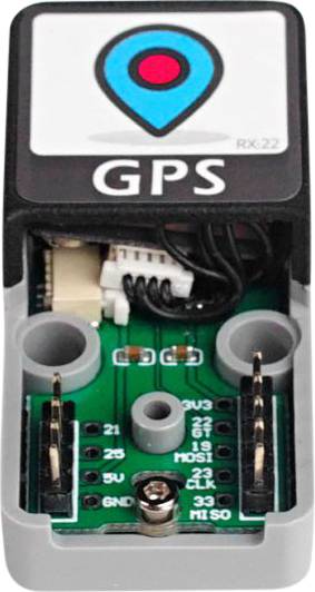 Ein GPS-Modul mit offenem Gehäuse zeigt interne Schaltkreise und Anschlüsse. Oben ist ein Symbol mit einem Standortmarker abgebildet.