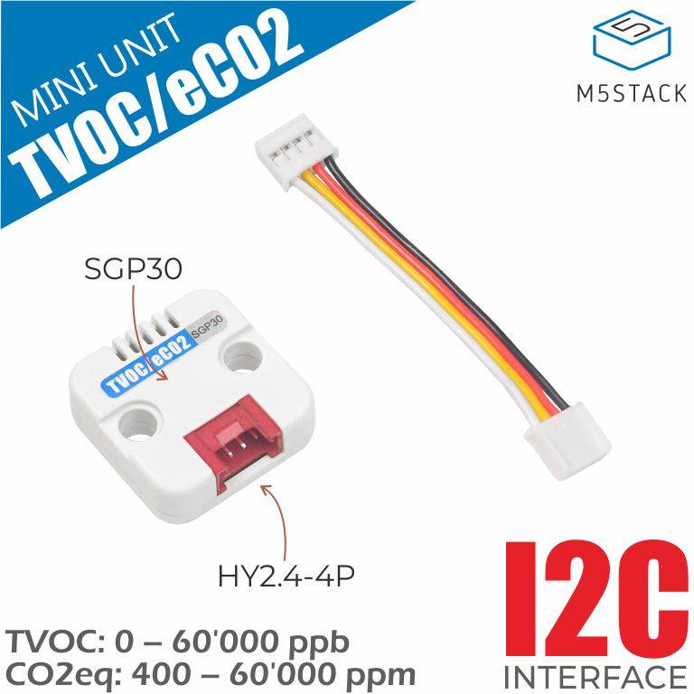Sensor-Modul zur Messung von TVOC und CO2eq. Enthält SGP30-Sensor und HY2.4-4P-Anschluss. Für I2C-Schnittstelle geeignet.