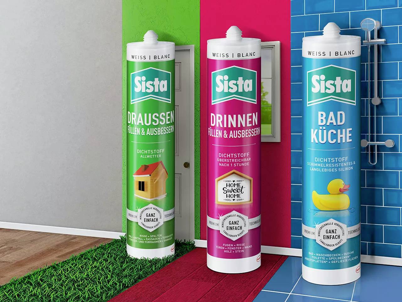 Drei große Tuben Dichtstoff stehen auf farbigen Flächen: grün für 'Draussen', rot für 'Drinnen' und blau für 'Badküche'.