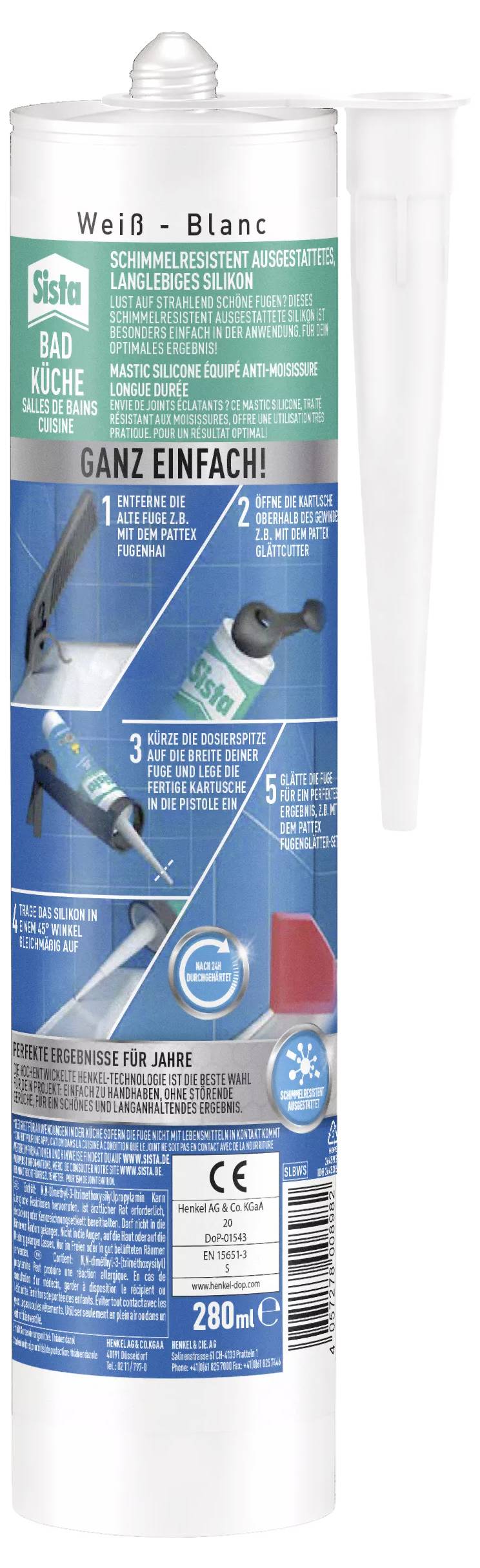 'Kartusche für schimmelresistentes Bad- und Küchen-Dichtmittel. Anleitung in drei Schritten zum Auftragen des Dichtmittels.'