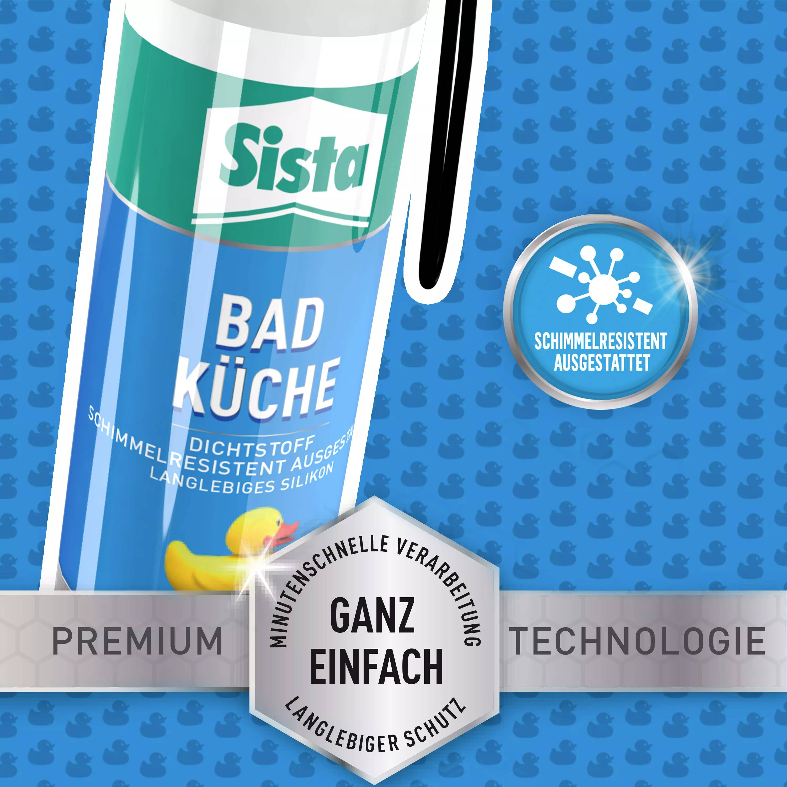 Eine blaue Silikonkartusche mit der Aufschrift 'Sista Bad Küche', beworben als schimmelresistent und langlebig.
