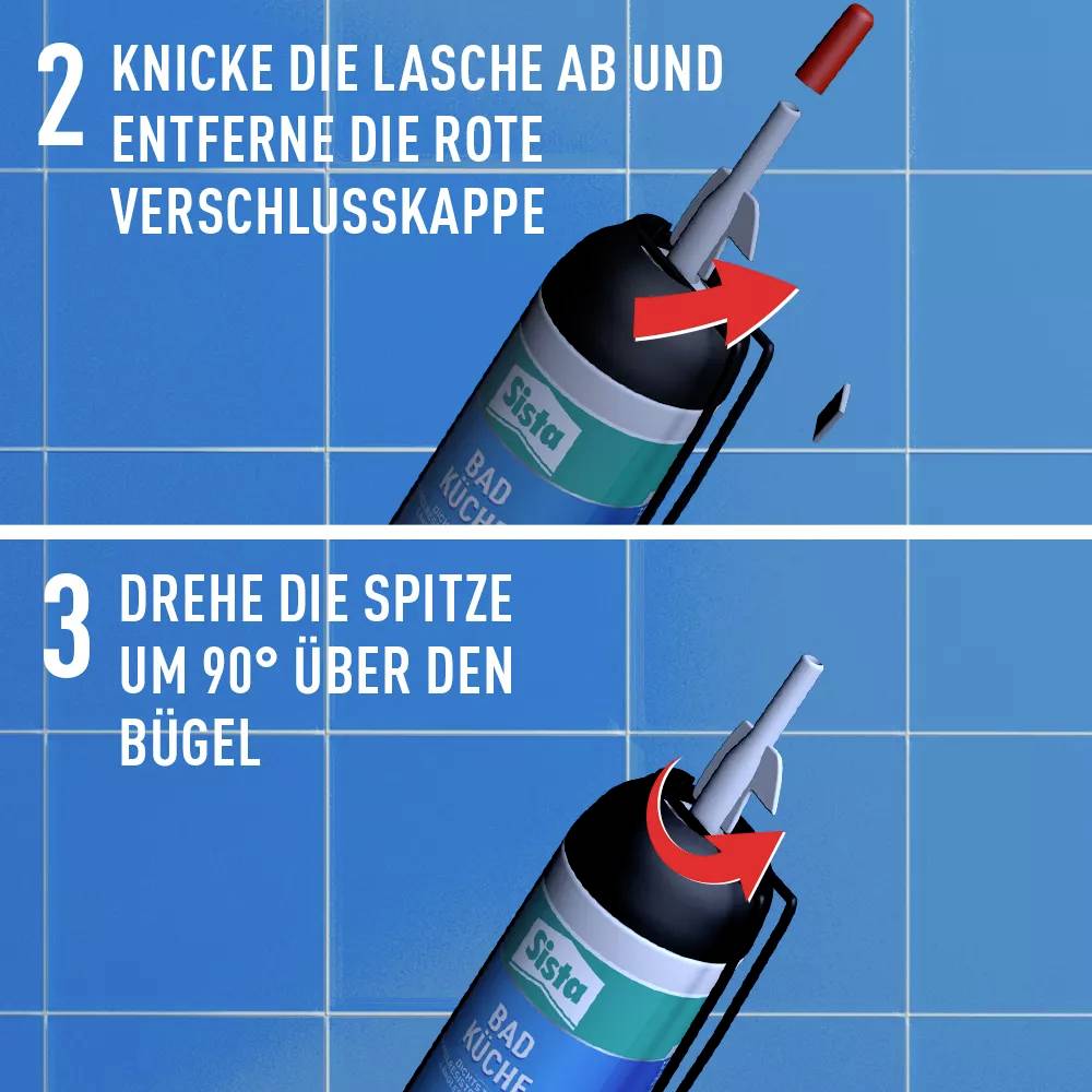 'Anleitung zur Verwendung eines Reinigers: 2. Lasche abknicken und rote Verschlusskappe entfernen. 3. 90° über Spitze des Bügels drehen.'