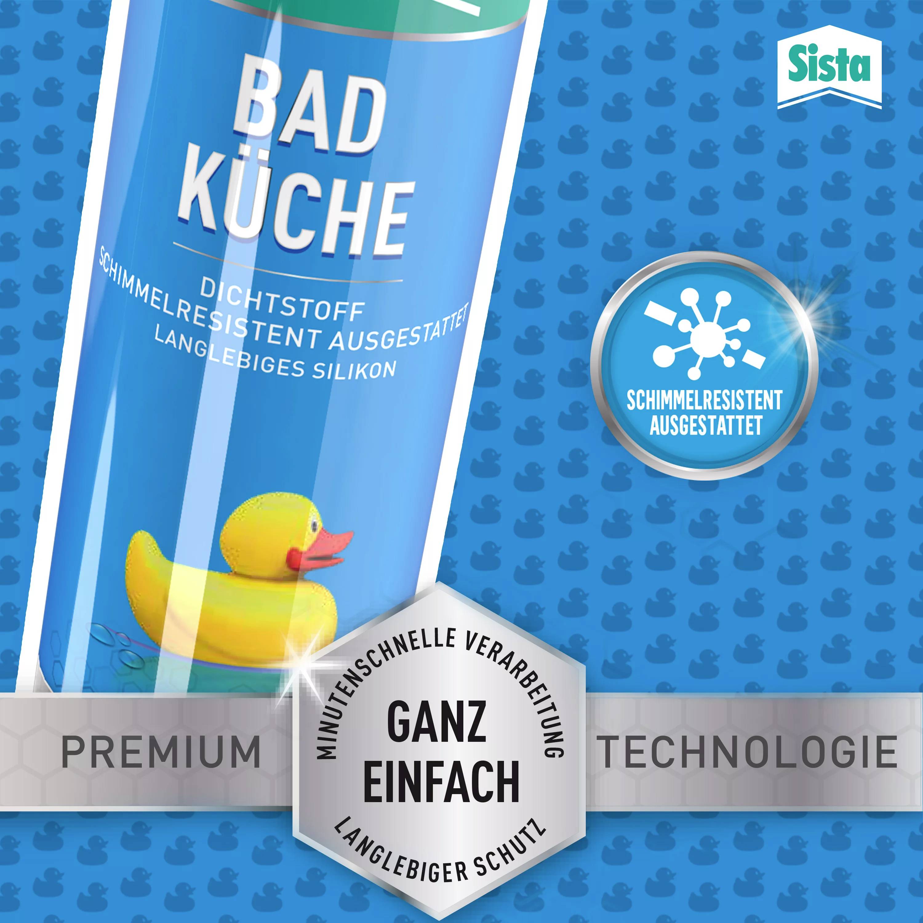 Ein Karton mit einem 'Bad Küche' Dichtstoff für schimmelresistente Anwendungen, abgebildet mit einer gelben Gummiente.