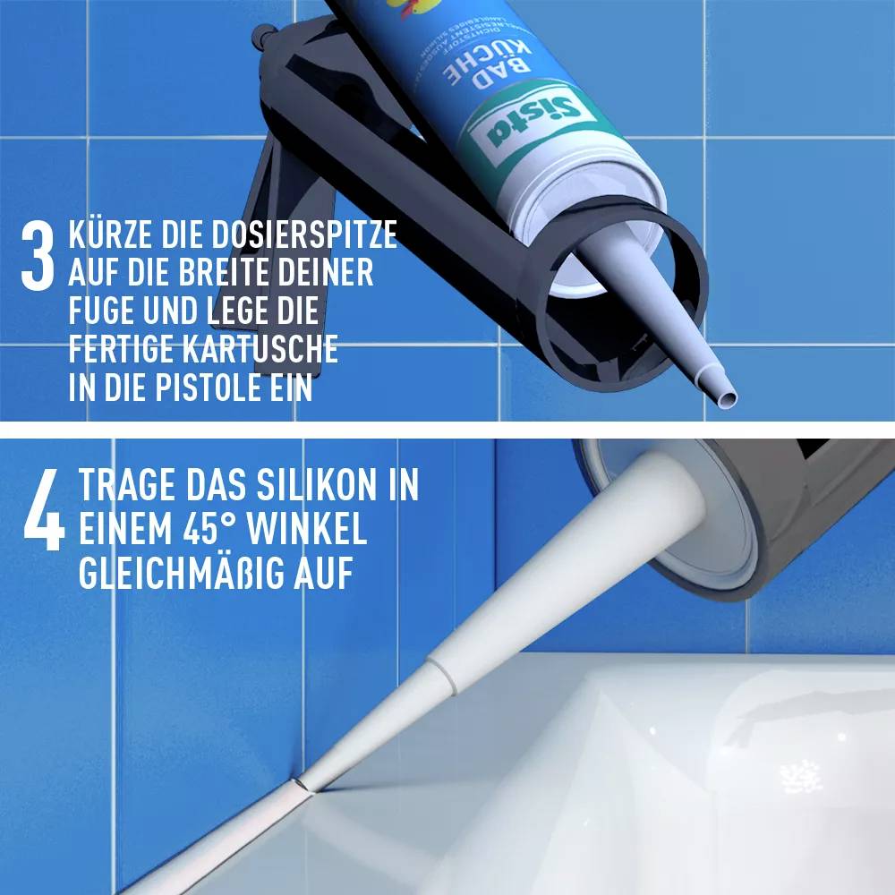 'Schritt 3: Spitze der Kartusche je nach Fugenbreite zuschneiden und in Pistole einsetzen. Schritt 4: Silikon im 45° Winkel gleichmäßig auftragen.'