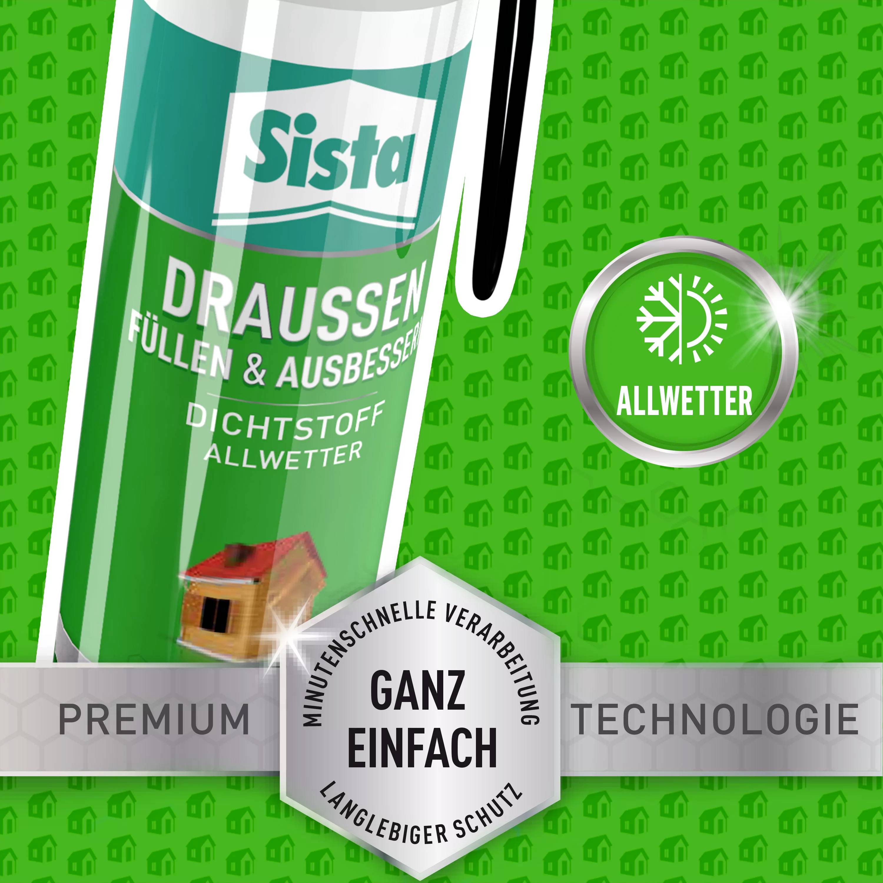 Grüne Verpackung eines Dichtstoffs mit der Aufschrift 'Sista', speziell für den Außenbereich und Allwetter geeignet.