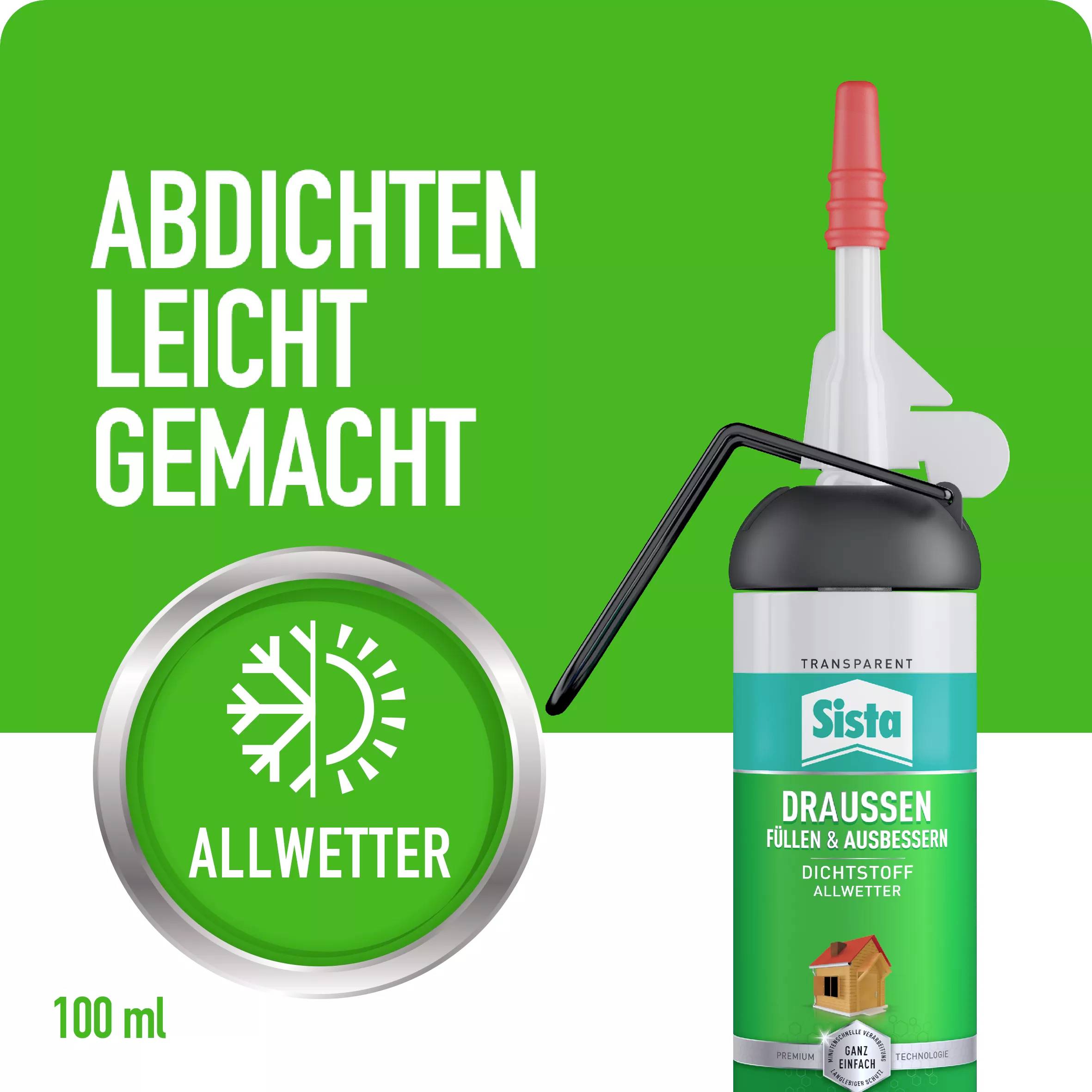 Eine Flasche Dichtstoff mit roter Kappe und Applikator. Text: 'Abdichten leicht gemacht' und 'Allwetter'. Volume: 100 ml.