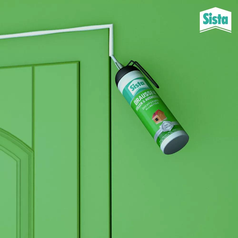 Eine Dose Dichtmittel ist kopfüber an einer grünen Tür montiert. Oben rechts das Logo der Marke 'Sista'.