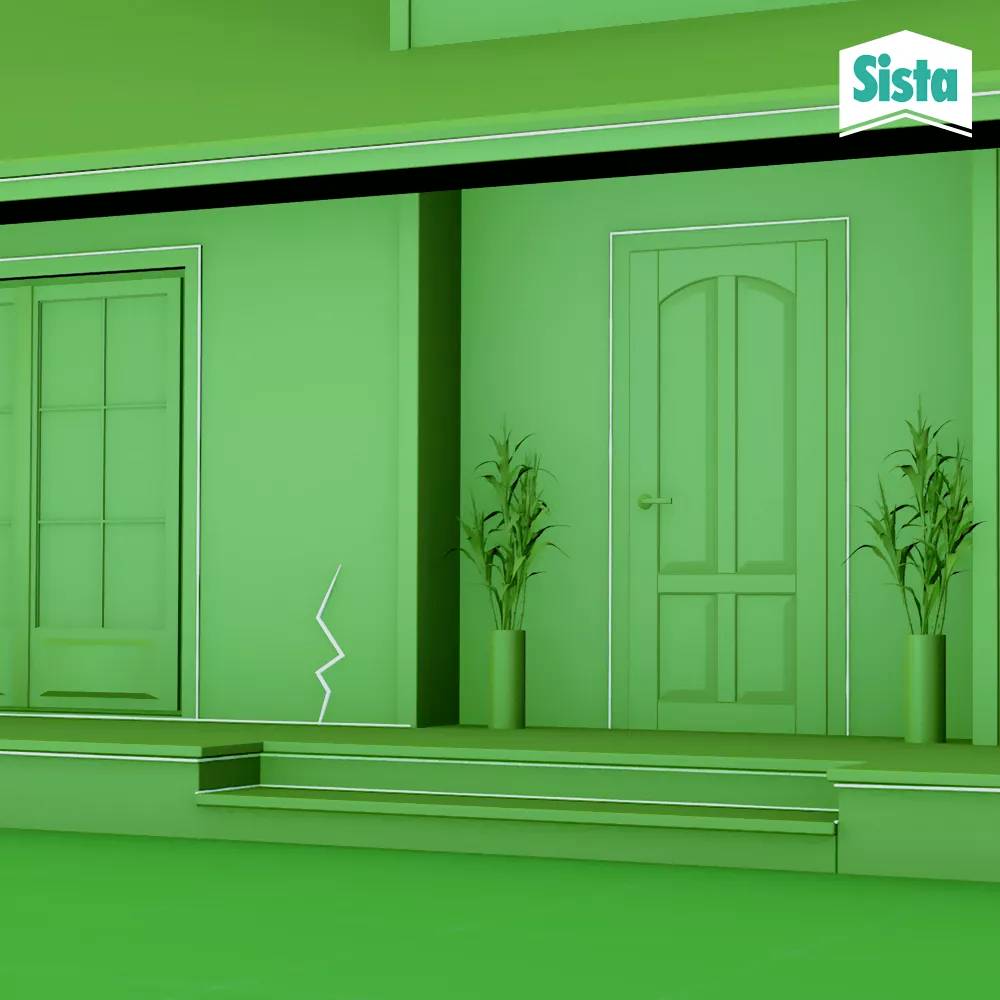 Ein grüner Raum mit zwei Türen, Pflanzen in Vasen daneben. Ein Riss im linken Wandbereich sichtbar. Oben rechts Logo 'Sista'.