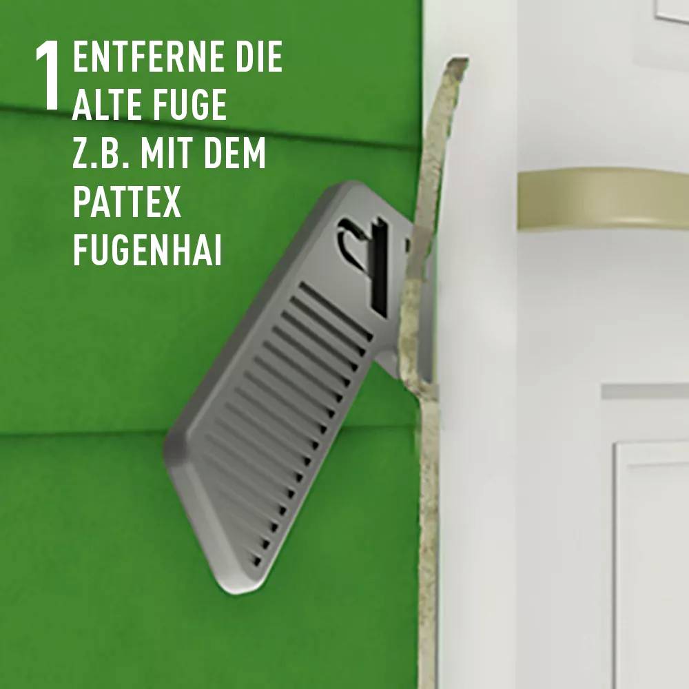 '1. Entferne die alte Fuge z.B. mit dem Pattex Fugenhai.' zeigt ein Werkzeug an einer Wand zur Entfernung von Fugen.