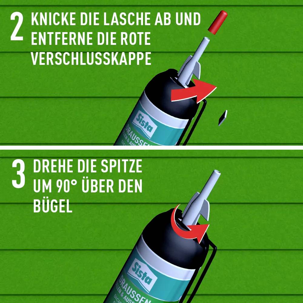 'Anweisungen zur Anwendung: Knicken Sie die Lasche ab und entfernen Sie die Verschlusskappe. Drehen Sie den Bügel 90° über die Spitze.'