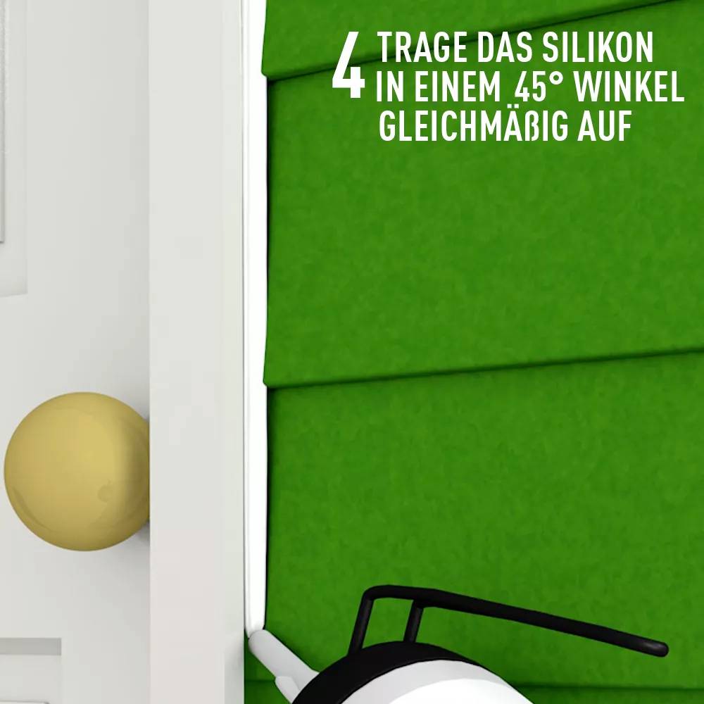 'Trage das Silikon in einem 45° Winkel gleichmäßig auf': Illustration zeigt aufgetragenes Silikon auf einer Kante.