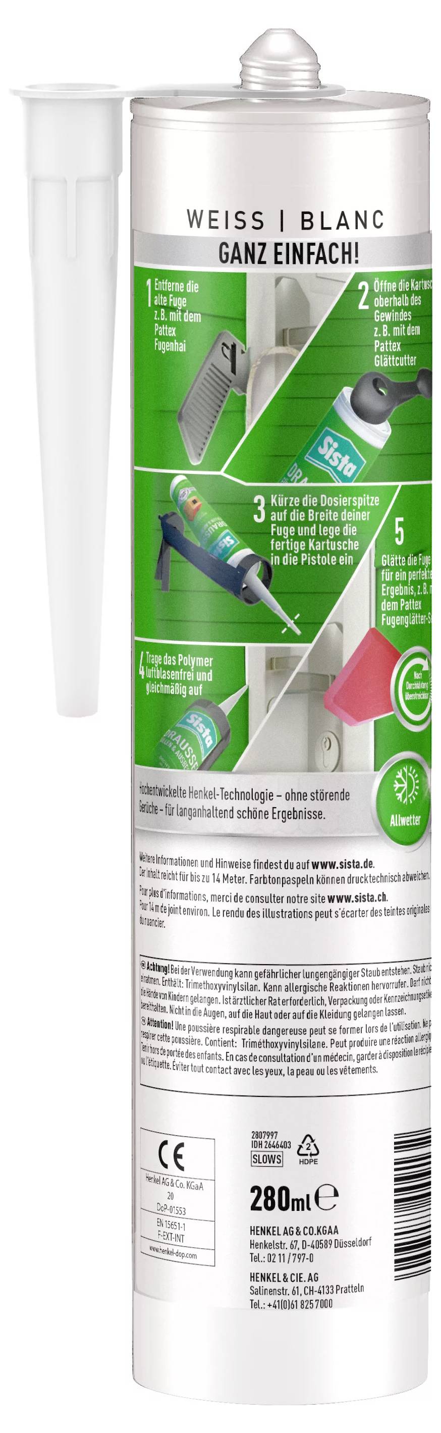 Kartusche Sista F130 für weiße, einfache Abdichtungen. Enthält Applikationsschritte und Zubehör auf der Verpackung; fasst 280 ml.