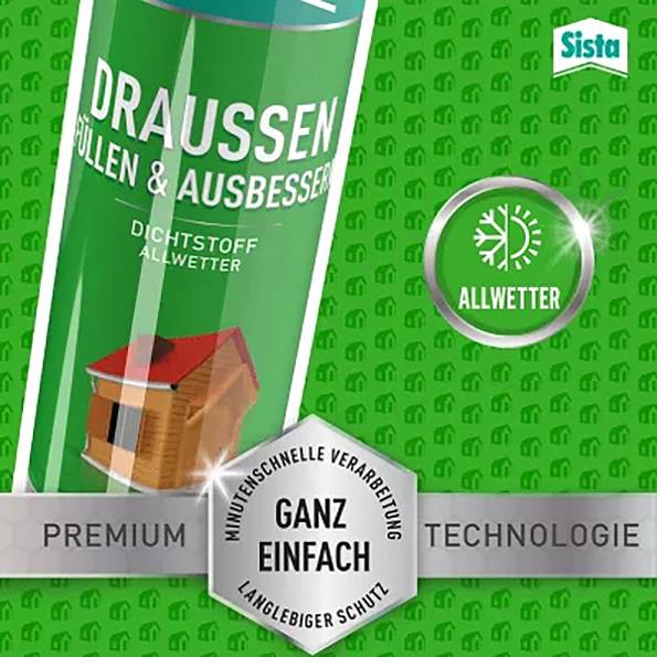 'Dichtstoff für Außeneinsatz, wetterfest. Geeignet zum Abdichten und Ausbessern. Bild zeigt Dose mit Hausgrafik und Allwetter-Symbol.'