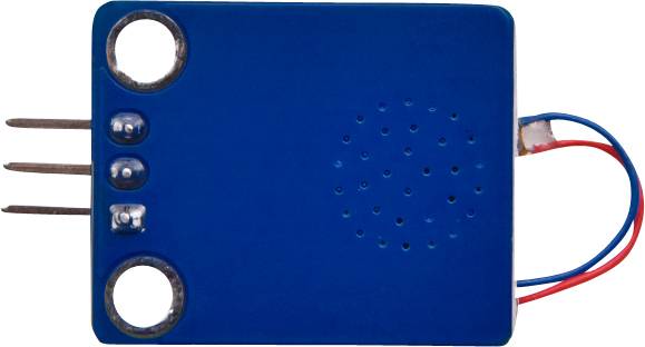 Blaues elektronisches Modul mit zwei Metallkontakten, drei Pins und roten, blauen Kabeln für Sensoranwendungen.