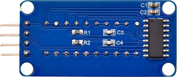 Elektronische Schaltung auf einer blauen Platine mit mehreren Widerständen, Kondensatoren und einem integrierten Schaltkreis.