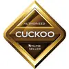 Ein braunes und goldenes Schild in Rautenform mit der Aufschrift 'AUTHORIZED CUCKOO ONLINE SELLER'.