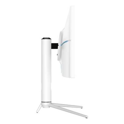 Seitenansicht eines weißen Gaming-Monitors auf einem Standfuß. Der Bildschirm ist leicht nach vorne geneigt, mit blauen Akzenten.