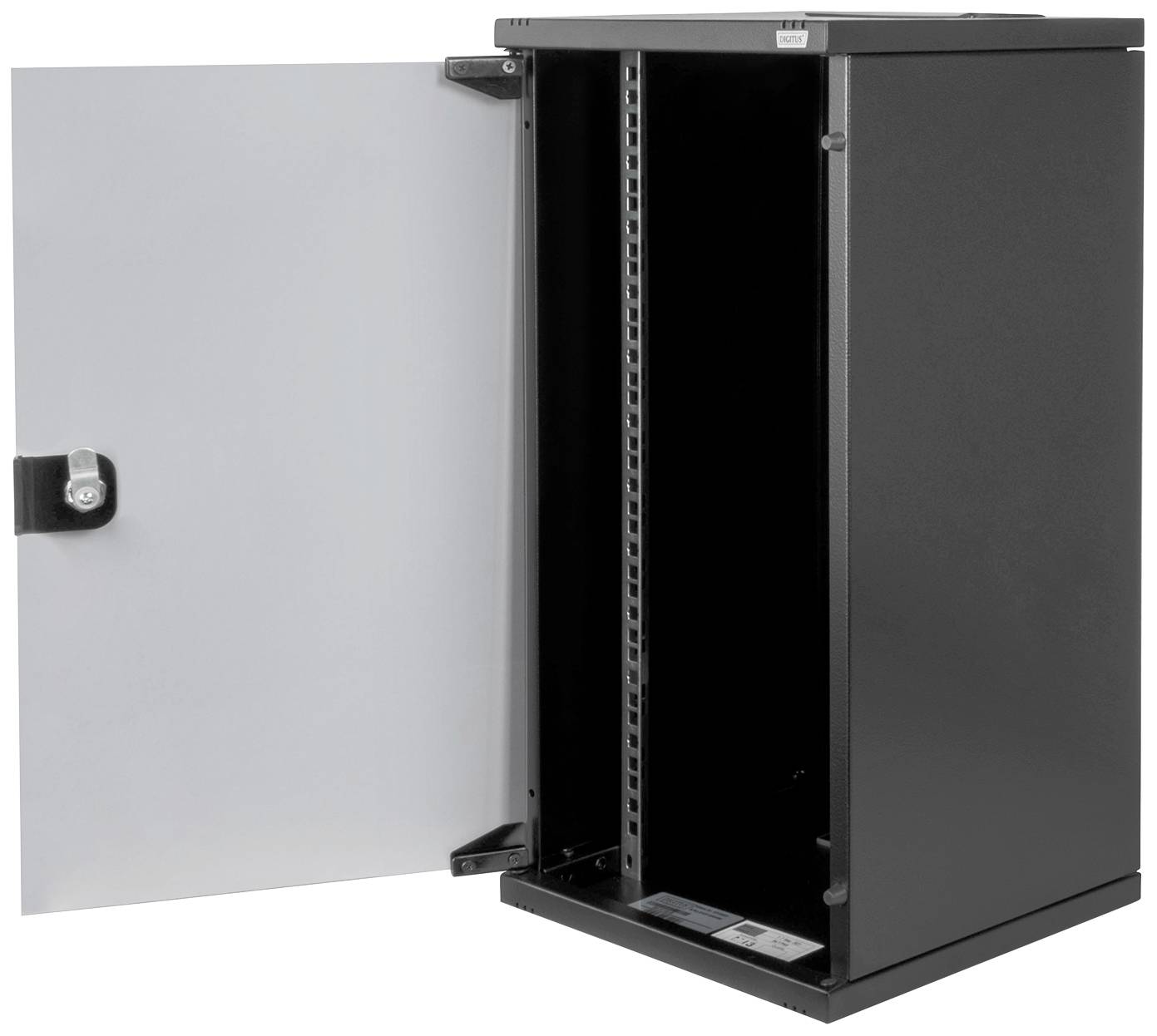 Ein schwarzer, offener Netzwerkschrank mit offenem Türdesign, geeignet zur Wandmontage. Ideal für die Organisation von Kabeln und Geräten.