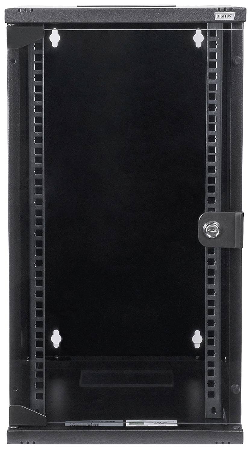 Ein schwarzer, leerer Server-Rack-Schrank mit Glastür und abschließbarem Griff, geeignet für die Montage in einem IT-Umfeld.