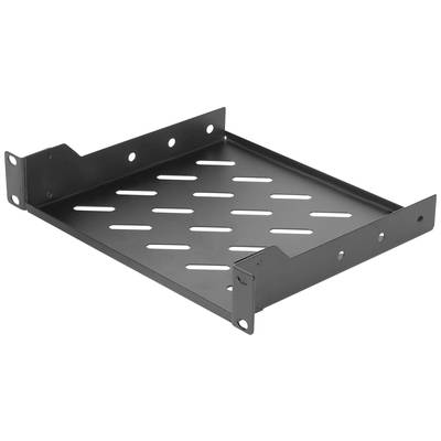 Schwarzes Metallregal mit Löchern, geeignet zur Montage in einem Schrank oder Rack zur Unterstützung elektronischer Geräte.