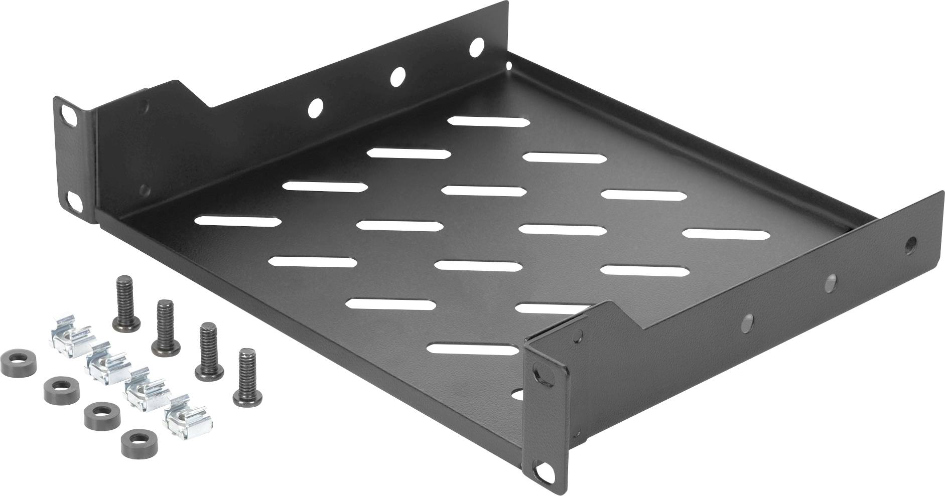 Eine schwarze Metallhalterung mit Lüftungsschlitzen und Befestigungsschrauben für die Montage, geeignet für technische Anwendungen.