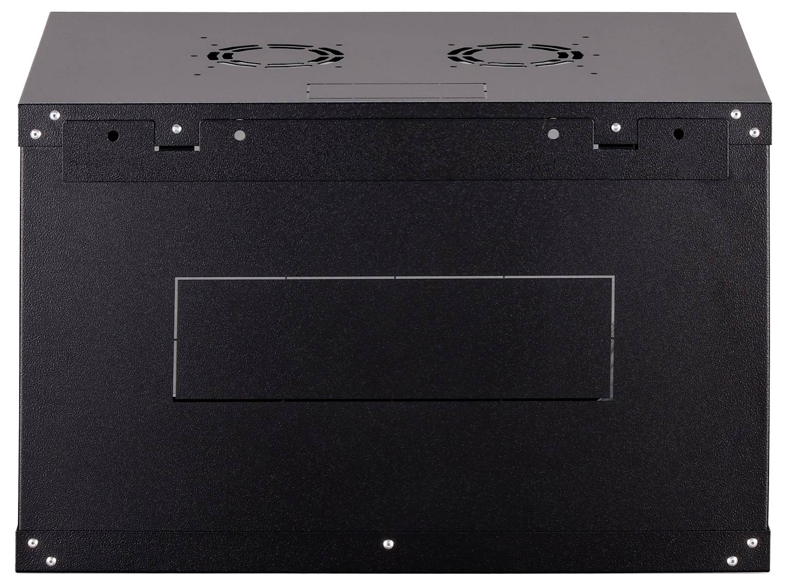 Eine schwarze rechteckige Metallbox mit zwei kreisförmigen Lüftungsöffnungen auf der Oberseite, von vorne betrachtet, scheint ein großes elektronisches Gehäuse zu sein.