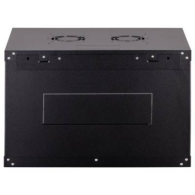 Eine schwarze rechteckige Metallbox mit zwei kreisförmigen Lüftungsöffnungen auf der Oberseite, von vorne betrachtet, scheint ein großes elektronisches Gehäuse zu sein.
