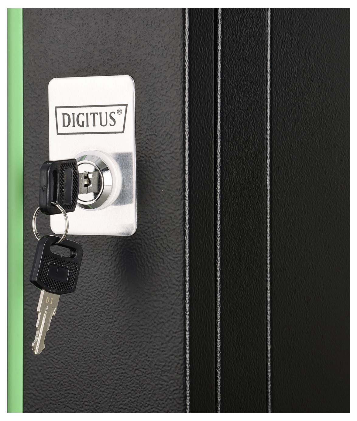 Nahaufnahme einer verschlossenen schwarzen Schranktür mit einem Schlüsselpaar im Schloss, beschriftet mit „Digitus".